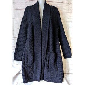 Aran Mor Women Cardigan Coat 100% Merino Wool Navy Blue Chunky Knit Sz L Ireland
